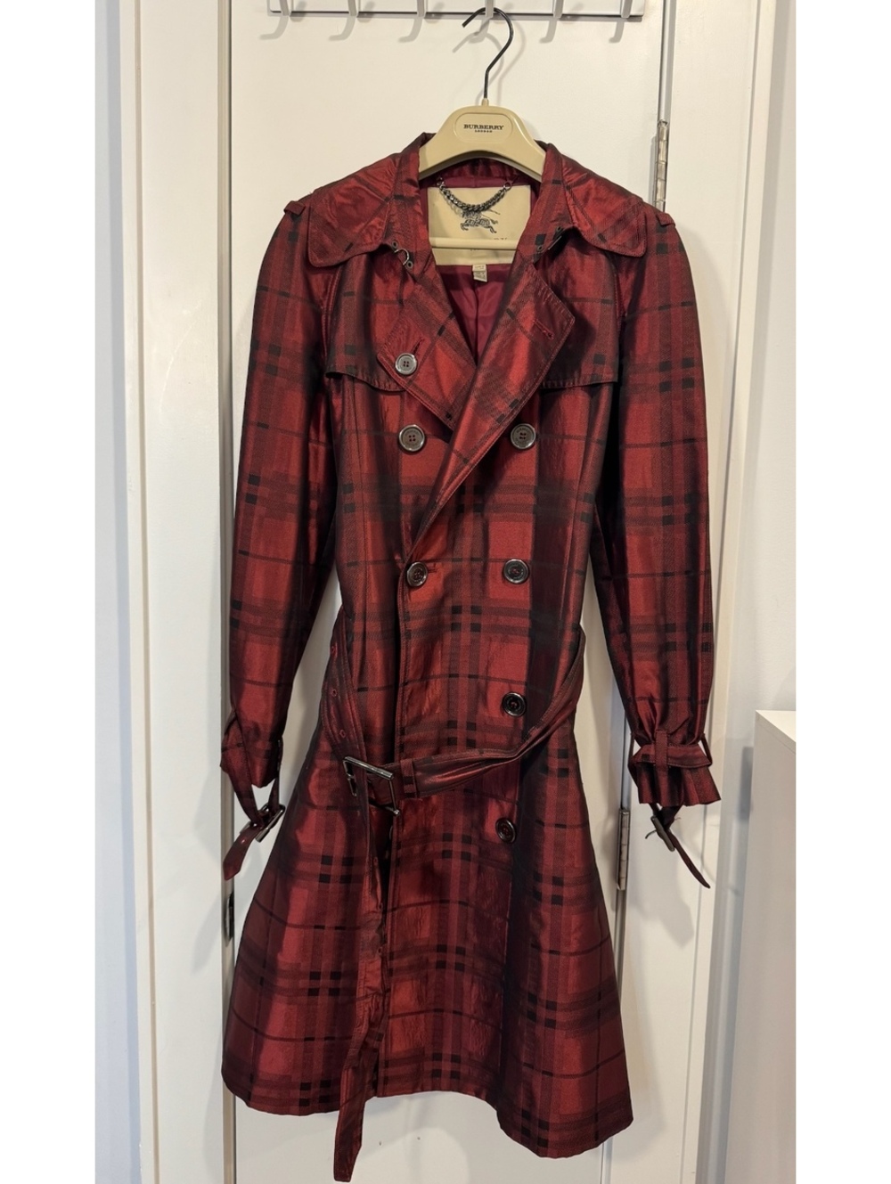 Burberry Ladies Unlined Rainwear Trench Coat in Red Plaid - Size UK 6 / US 4